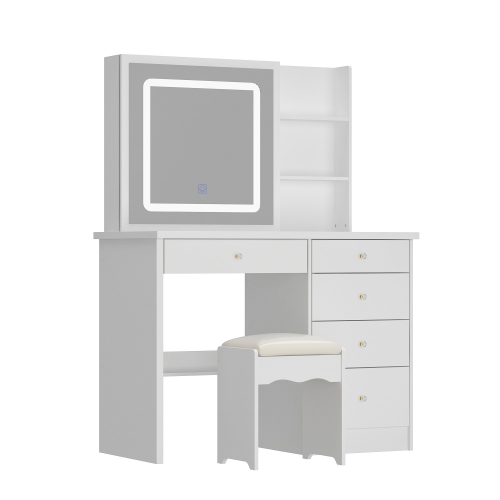 Image 1 of 10.. Homsee White Vanity Desk Set with Sliding Lighted Mirror, 5 Drawers, Storage Shelves, and Cushioned Stool for Bedroom,White