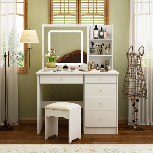 Meuble-lavabo Homsee blanc avec miroir coulissant éclairé, 5 tiroirs, tablettes de rangement et tabouret rembourré pour chambre à coucher, blanc