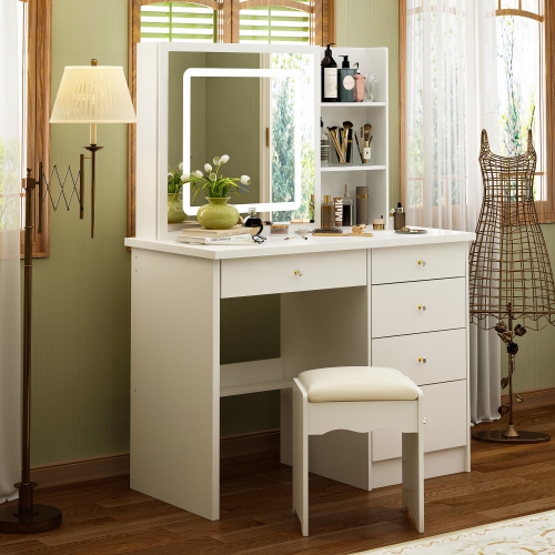 Meuble-lavabo Homsee blanc avec miroir coulissant éclairé, 5 tiroirs, tablettes de rangement et tabouret rembourré pour chambre à coucher, blanc