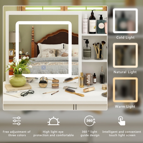 Meuble-lavabo Homsee blanc avec miroir coulissant éclairé, 5 tiroirs, tablettes de rangement et tabouret rembourré pour chambre à coucher, blanc