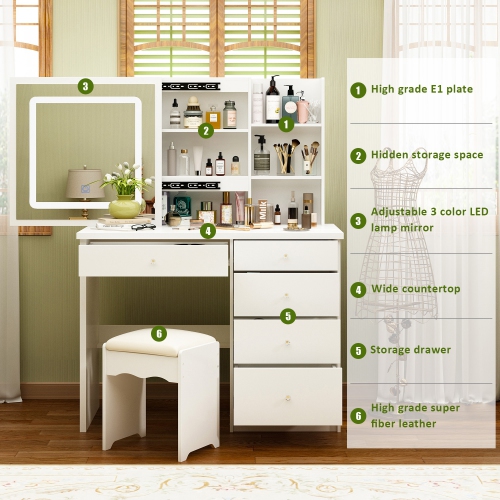 Meuble-lavabo Homsee blanc avec miroir coulissant éclairé, 5 tiroirs, tablettes de rangement et tabouret rembourré pour chambre à coucher, blanc