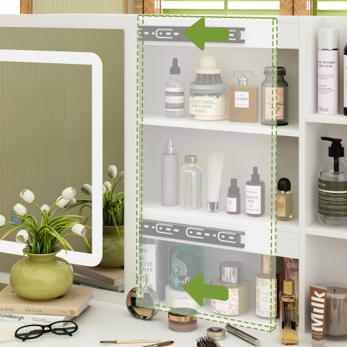 Meuble-lavabo Homsee blanc avec miroir coulissant éclairé, 5 tiroirs, tablettes de rangement et tabouret rembourré pour chambre à coucher, blanc