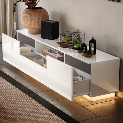 Homsee Modern High Gloss TV Stand with Storage Drawers & Open Shelves, 70.8" W x 14.5" D x 17.3" H, White