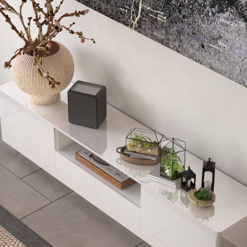 Homsee Modern High Gloss TV Stand with Storage Drawers & Open Shelves, 70.8" W x 14.5" D x 17.3" H, White