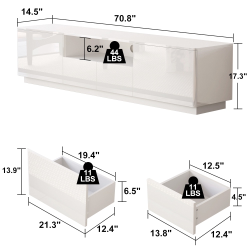 Homsee Modern High Gloss TV Stand with Storage Drawers & Open Shelves, 70.8" W x 14.5" D x 17.3" H, White