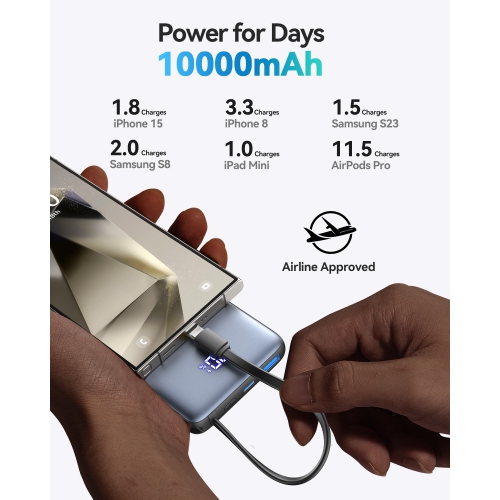 INIU Portable Charger, Compact 10000mAh PD 20W Power Bank with Built-in USB-C Cable(IN&OUT) for iPhone, Samsung etc.