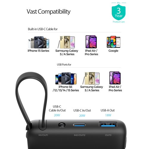 INIU Portable Charger, Compact 10000mAh PD 20W Power Bank with Built-in USB-C Cable(IN&OUT) for iPhone, Samsung etc.