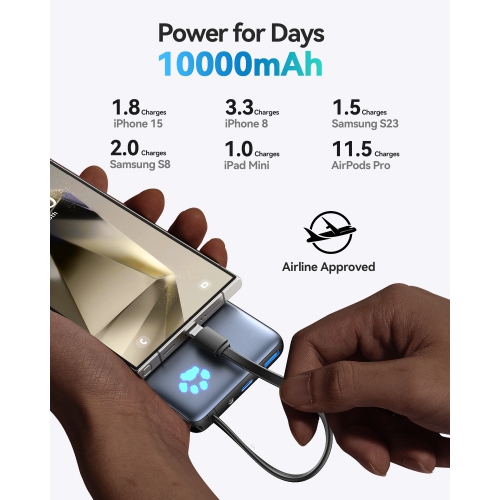 INIU Portable Charger, Compact 10000mAh PD 20W Power Bank with Built-in USB-C Cable(IN&OUT) for iPhone, Samsung etc.