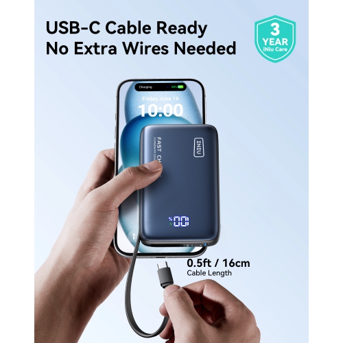 Chargeur portatif d'INIU, chargeur portable compact 20000 mAh PD 20 W avec câble USB-C intégré pour iPhone, Samsung, etc.