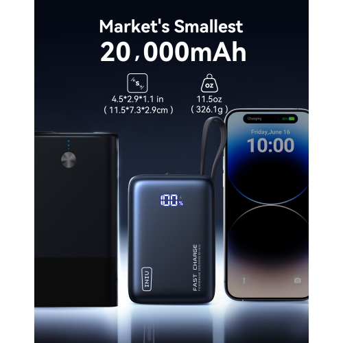Chargeur portatif d'INIU, chargeur portable compact 20000 mAh PD 20 W avec câble USB-C intégré pour iPhone, Samsung, etc.