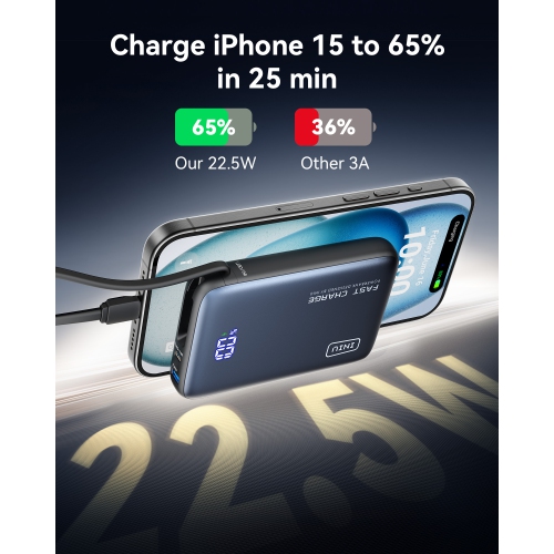 Chargeur portatif d'INIU, chargeur portable compact 20000 mAh PD 20 W avec câble USB-C intégré pour iPhone, Samsung, etc.