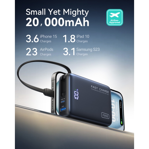 Chargeur portatif d'INIU, chargeur portable compact 20000 mAh PD 20 W avec câble USB-C intégré pour iPhone, Samsung, etc.