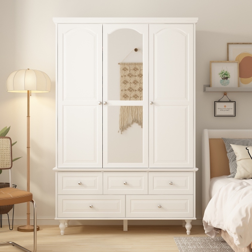 Homsee White Freestanding Wardrobe with Hanging Rods, Adjustable Shelves, and 5 Drawers – Spacious Storage for Bedroom,White