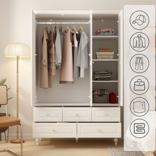 Homsee White Freestanding Wardrobe with Hanging Rods, Adjustable Shelves, and 5 Drawers – Spacious Storage for Bedroom,White