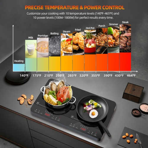 Surface de cuisson à induction à 2 brûleurs de 1800&nbsp;W, brûleurs de comptoir portatifs avec commande de température réglable, minuterie et verrou
