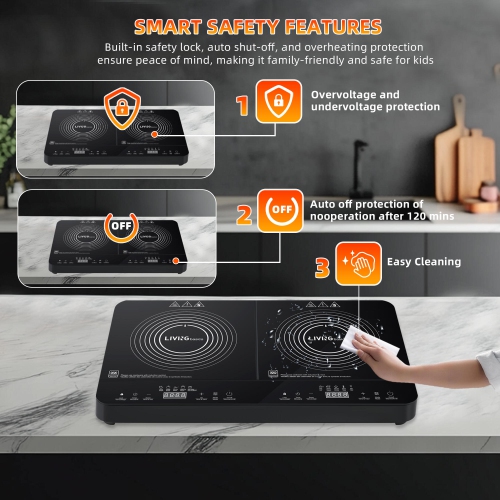 Surface de cuisson à induction à 2 brûleurs de 1800&nbsp;W, brûleurs de comptoir portatifs avec commande de température réglable, minuterie et verrou