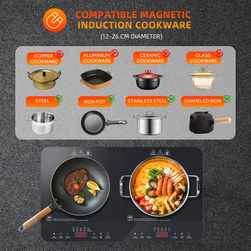 Surface de cuisson à induction à 2 brûleurs de 1800&nbsp;W, brûleurs de comptoir portatifs avec commande de température réglable, minuterie et verrou