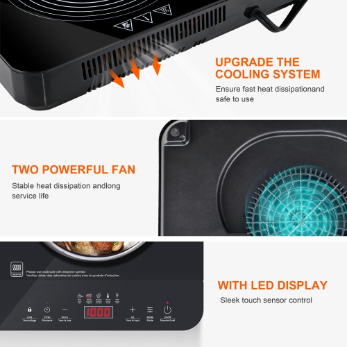 Surface de cuisson à induction à 2 brûleurs de 1800&nbsp;W, brûleurs de comptoir portatifs avec commande de température réglable, minuterie et verrou