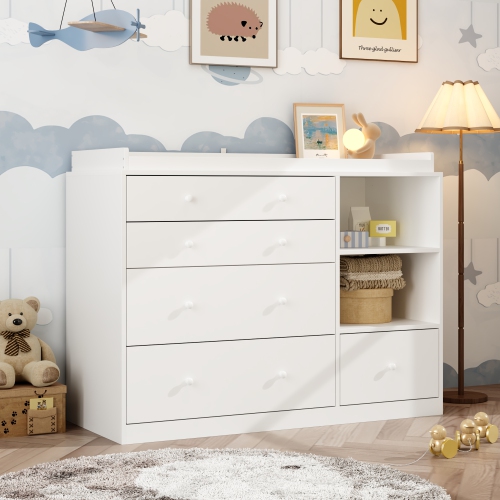 Homsee 5-Drawer Storage Chest with Open Shelves, Spacious Organizer for Bedroom or Nursery, White