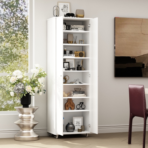 Homsee Tall Storage Cabinet with Rolling Casters and Multiple Shelves, White