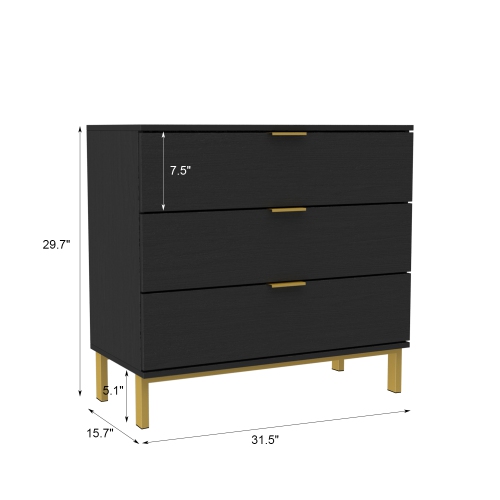 Homsee Modern 3-Drawer Dresser with Gold Accents, Spacious Storage for Bedroom or Living Room Black