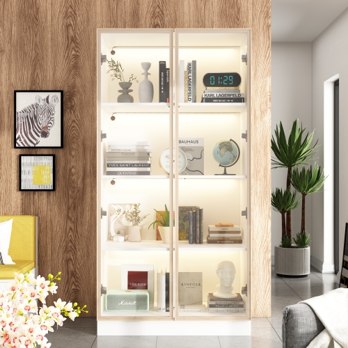 Homsee Modern Glass Door Bookshelf with LED Lighting and Adjustable Shelves for Living Room or Study,White