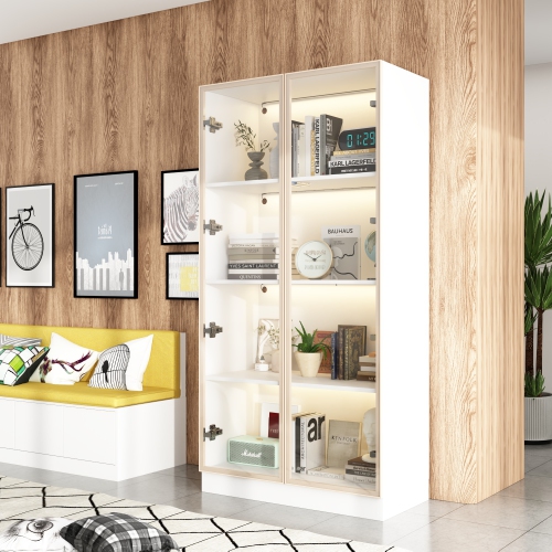 Homsee Modern Glass Door Bookshelf with LED Lighting and Adjustable Shelves for Living Room or Study,White