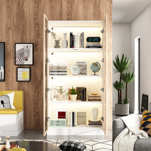 Homsee Modern Glass Door Bookshelf with LED Lighting and Adjustable Shelves for Living Room or Study,White