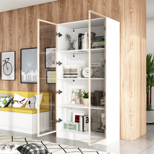 Homsee Modern Glass Door Bookshelf with LED Lighting and Adjustable Shelves for Living Room or Study,White