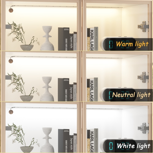 Homsee Modern Glass Door Bookshelf with LED Lighting and Adjustable Shelves for Living Room or Study,White