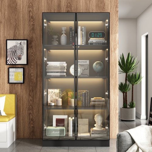Homsee Modern Glass Door Bookshelf with LED Lighting and Adjustable Shelves for Living Room or Study, Black