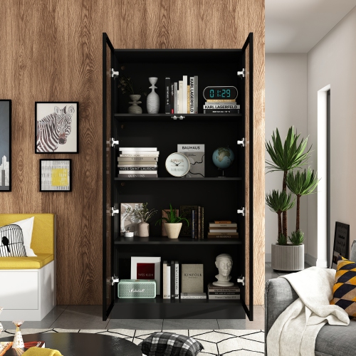 Homsee Modern Glass Door Bookshelf with LED Lighting and Adjustable Shelves for Living Room or Study, Black