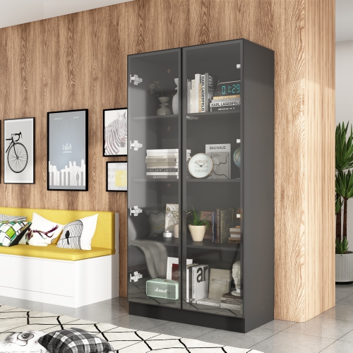 Homsee Modern Glass Door Bookshelf with LED Lighting and Adjustable Shelves for Living Room or Study, Black