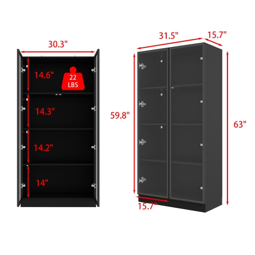 Homsee Modern Glass Door Bookshelf with LED Lighting and Adjustable Shelves for Living Room or Study, Black