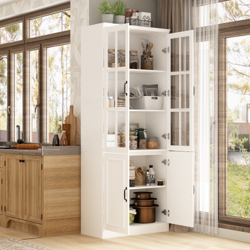 Homsee Tall Storage Cabinet with 2 Glass Doors, Wooden Display Cabinet for Home Office or Living Room, White