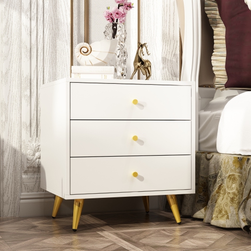 Famapy Modern 3-Drawer Dresser with Gold Accents and Spacious Storage for Bedroom or Living Room White