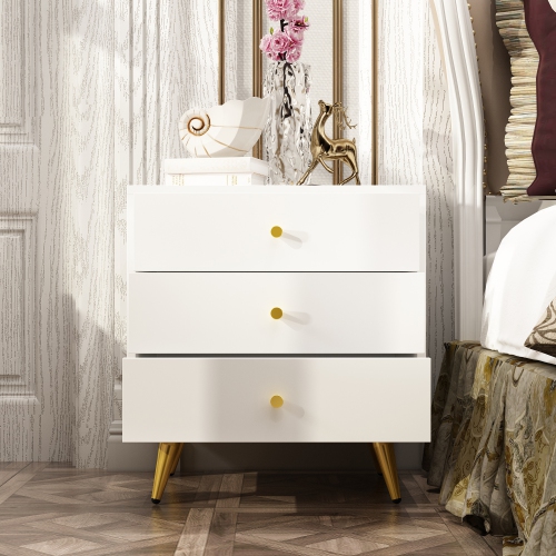 Famapy Modern 3-Drawer Dresser with Gold Accents and Spacious Storage for Bedroom or Living Room White