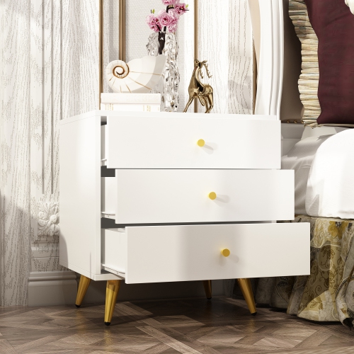 Famapy Modern 3-Drawer Dresser with Gold Accents and Spacious Storage for Bedroom or Living Room White