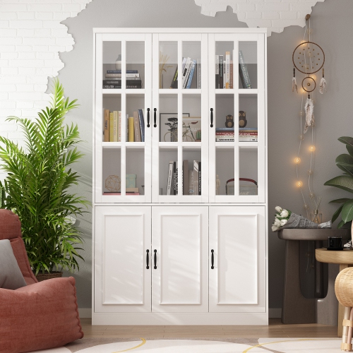 Homsee Tall Bookcase with Glass Doors, Adjustable Shelves, and Ample Storage for Home Library or Study White
