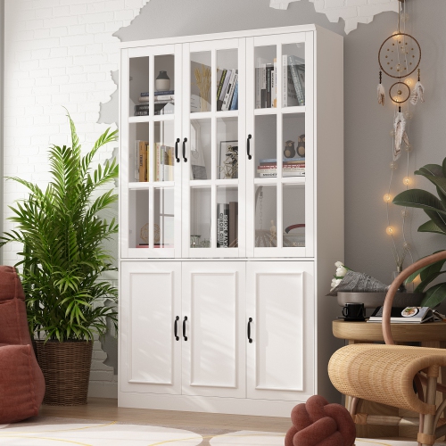 Homsee Tall Bookcase with Glass Doors, Adjustable Shelves, and Ample Storage for Home Library or Study White