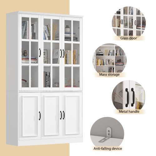 Homsee Tall Bookcase with Glass Doors, Adjustable Shelves, and Ample Storage for Home Library or Study White