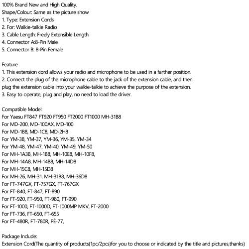 1x 8-Pin Hand Mic Extension Cords for Yaesu FT847 920 950 FT2000 FT1000 MH-31B8