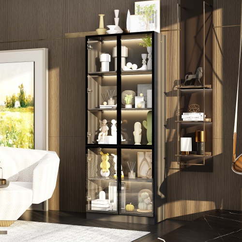 Homsee Modern Glass Door Display Cabinet with Adjustable Shelves and LED Lighting Black