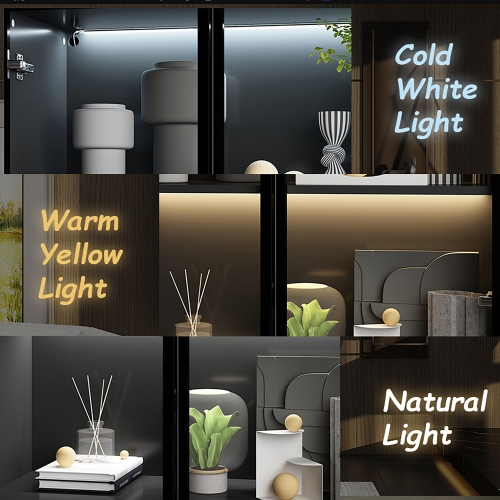 Homsee Modern Glass Door Display Cabinet with Adjustable Shelves and LED Lighting Black