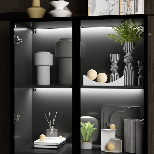 Homsee Modern Glass Door Display Cabinet with Adjustable Shelves and LED Lighting Black