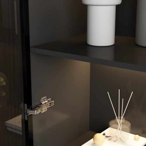 Homsee Modern Glass Door Display Cabinet with Adjustable Shelves and LED Lighting Black