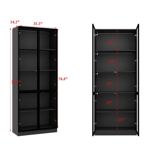 Homsee Modern Glass Door Display Cabinet with Adjustable Shelves and LED Lighting Black