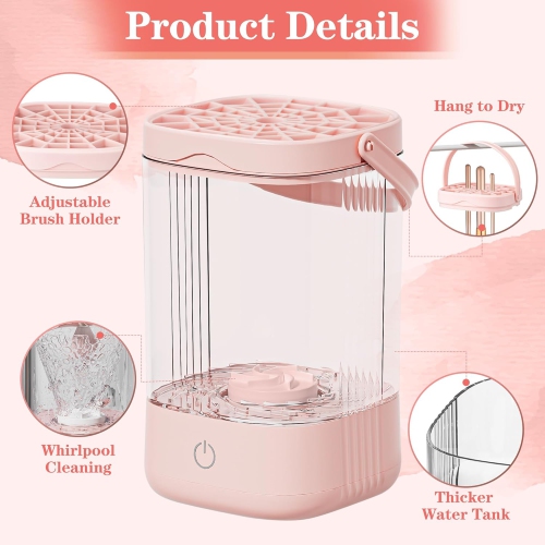 Electric Makeup Brush Cleaner,Portable Makeup Brushes Cleaning Machine,Automatic Spinning Cosmetic Brushes Washer,Make Up Brush Cleaner Tool-Pink