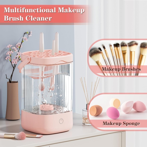 Electric Makeup Brush Cleaner,Portable Makeup Brushes Cleaning Machine,Automatic Spinning Cosmetic Brushes Washer,Make Up Brush Cleaner Tool-Pink