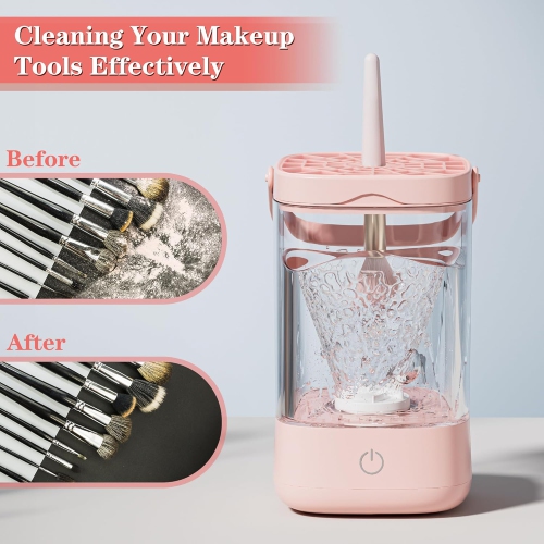 Electric Makeup Brush Cleaner,Portable Makeup Brushes Cleaning Machine,Automatic Spinning Cosmetic Brushes Washer,Make Up Brush Cleaner Tool-Pink